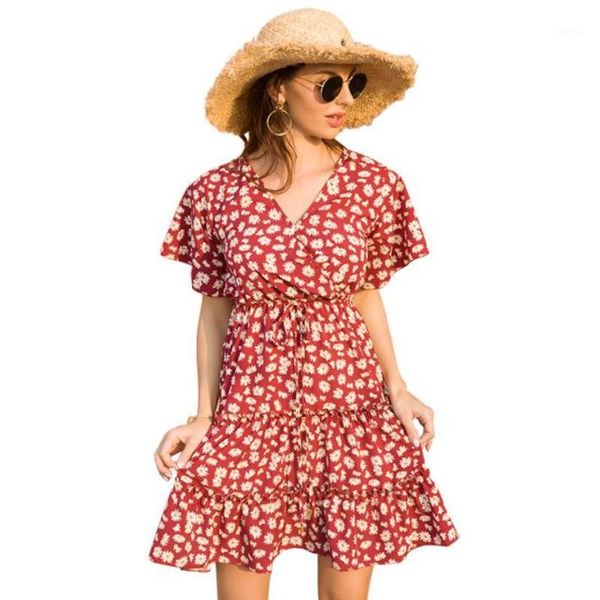 

2020 new women summer casual short sleeve floral boho dress party evening beach v neck dress fashion mini dresses1, Black;gray