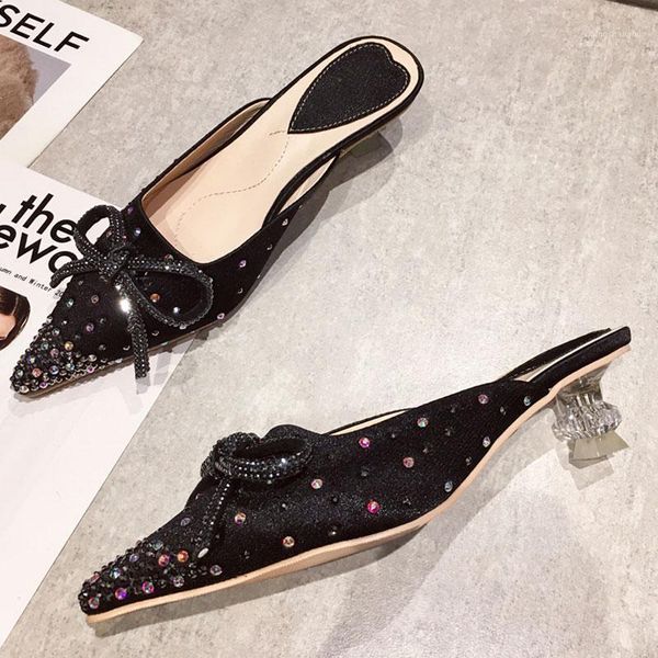 

slippers summer women's shoes mules heels ladies rhinestone pointed toe strange style transparent sandals outside slides1, Black