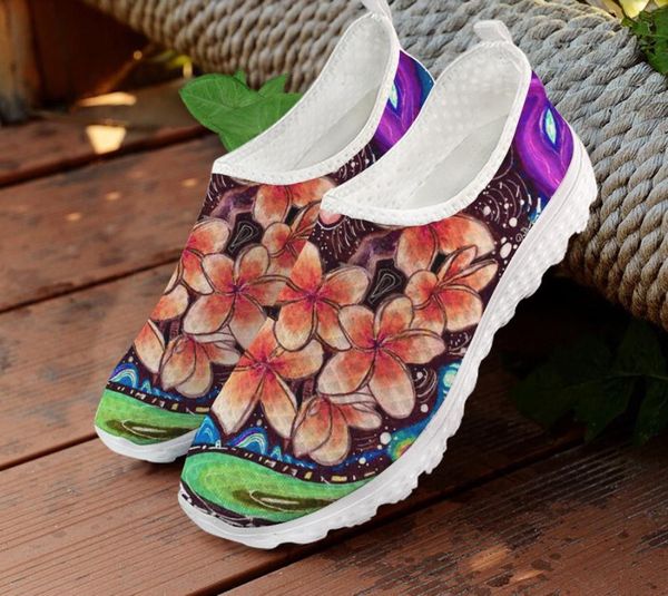 

instantarts brand desgin women casual flat shoes polynesian plumeria print mesh sneaker footwear for ladies slip on loafer shoes, Black