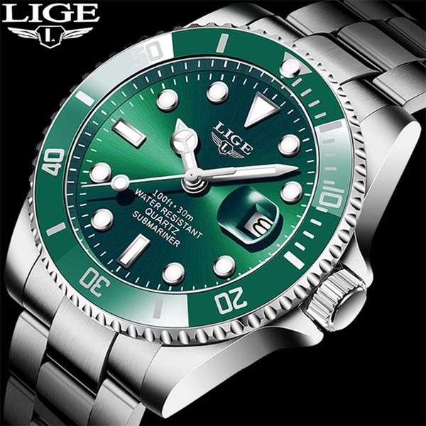 

lige brand роскошные мужские спортивные часы зеленые водонепроницаемые нержавеющая сталь наручные часы человек часы мода наручные часы relog, Slivery;brown