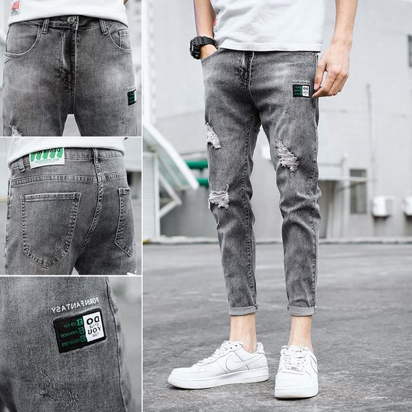 

summer 2020 fashion denim thin jeans broken ripped holes slim korean men's feet elastic leisure brand grey pants hombre, Black