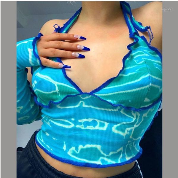 

women blue halter short t shirts long sleeve v neck lace up slim fit patchwork holiday club casual crop fashion streetwear1, White