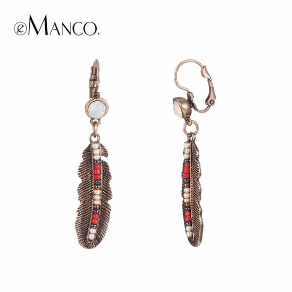 

emanco stylish vintage plant prop earrings hook alloy torque coffee color feather earring ethnic beads earring trendy jewelry y200323, Golden
