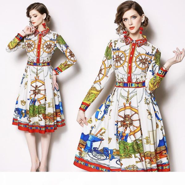 

2020 new fashion party dresses print long-sleeved dress female pleated dress maxi dresses for women elegant dress, White;black