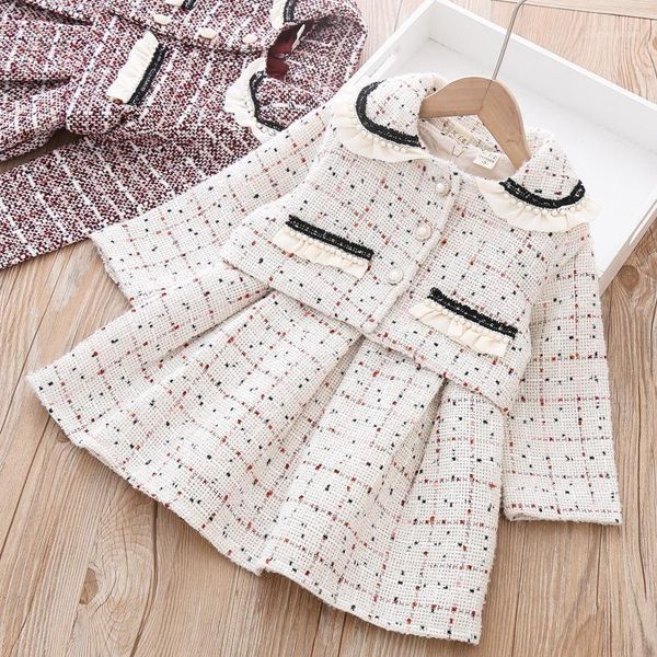 

baby girl winter clothes sets girls fashion pearl cardigan coat + dotted plaid princess dress 2pcs suit warm children's clothing set1, White