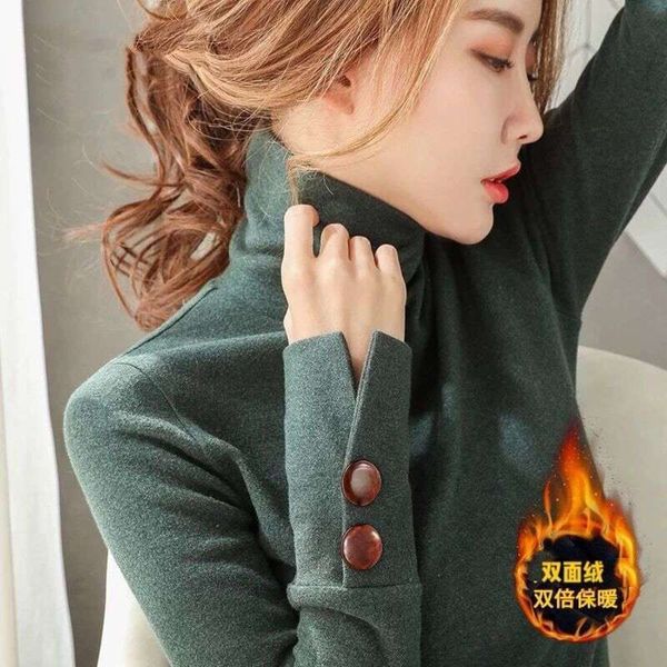 

bottomed women's double shirt sided denim long sleeve fall / winter 2020 new fashion t-shirt with pile neck and top, Black;gray