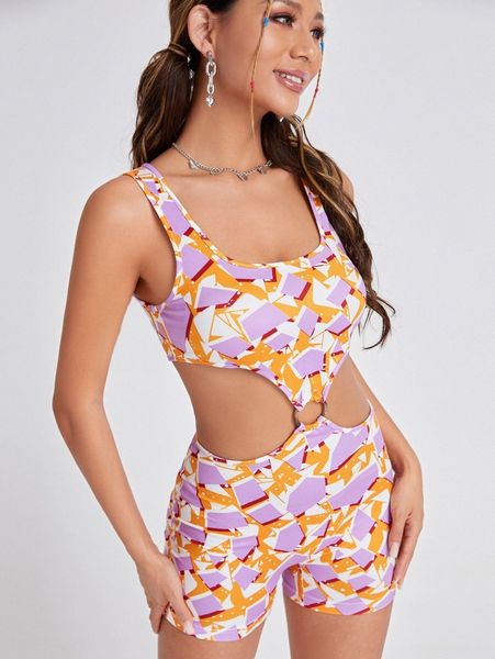 

o-ring cut out waist geo print romper l9da#, White