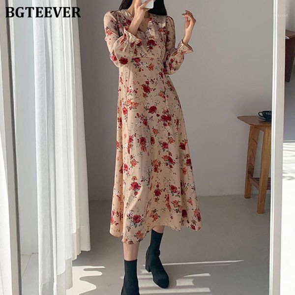 

bgteever vintage v-neck full sleeve women dress floral print elegant long dress female high waist party vestidos 2020 summer1, Black;gray