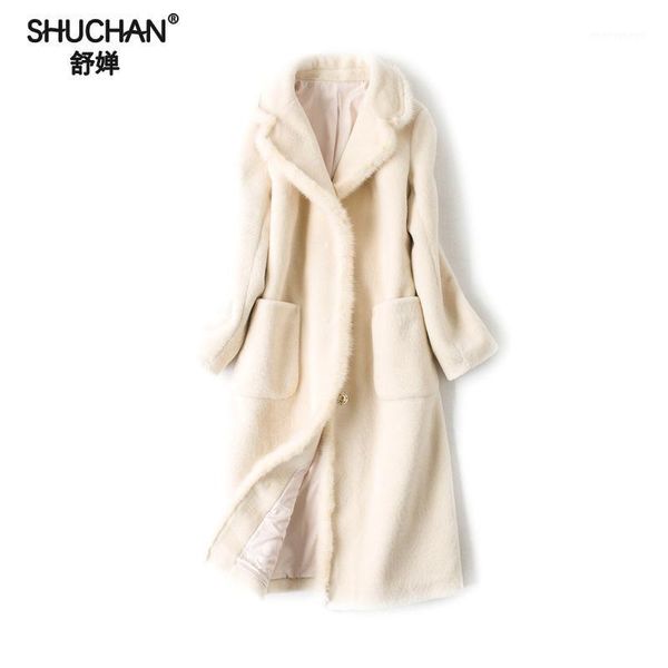 

shuchan coat female wool mink long turn-down collar covered button office lady slim park women's winter female jacket kpl17013-11, Black
