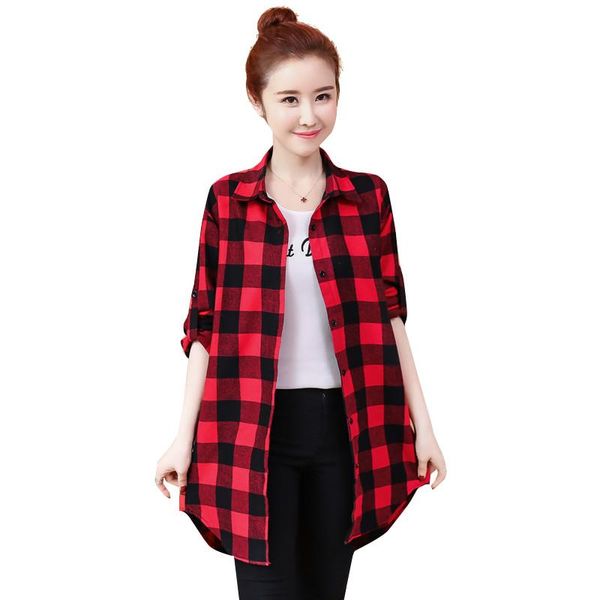 

women's jackets 2021 spring large size cover belly plaid shirt long section bottoming casual slim cardigan coat female w268, Black;brown