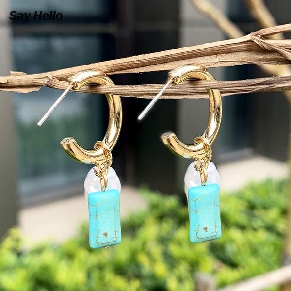 

скажи hello boho square boho square бирюзы смола металлическая инкрустация нерегулярных жемчуга серьги обруч нежный сплав серьги обруч ювели, Silver