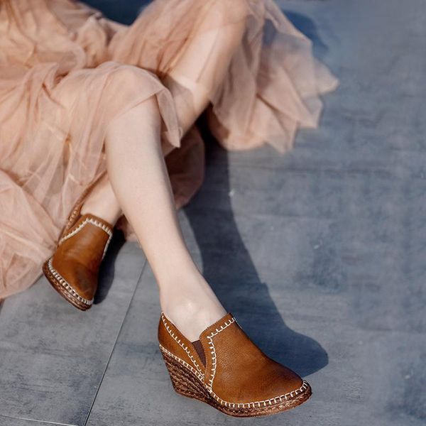 

dress shoes artmu original 2021 autumn retro thick bottom wedge heels women genuine leather high handmade 623-5, Black