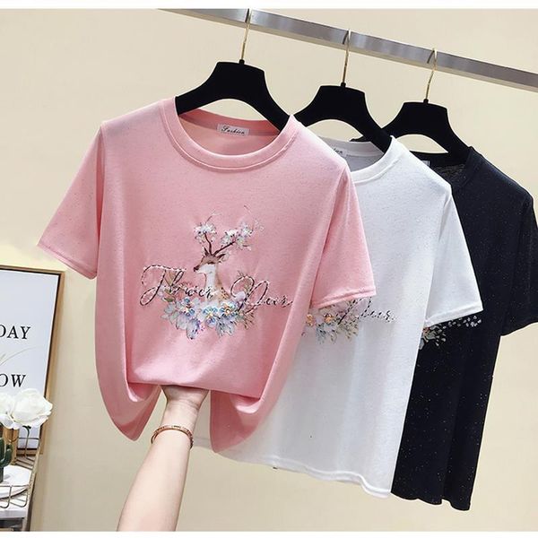 

white cartoon t shirt women cotton summer t-shirt short sleeve pink beading tee shirt femme 2019 plus size tshirt