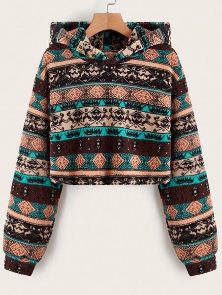 

geo pattern drop shoulder flannel hoodie 90ro#, White;black