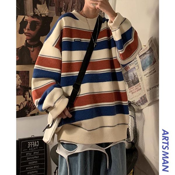 

men's sweaters autumn and winter striped loose korean sweater clothes, White;black