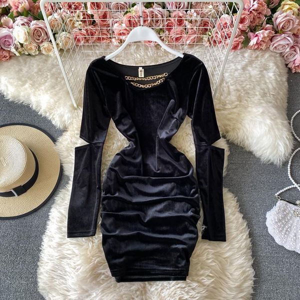 

autumn winter black bodycon chain mini dress women elegant o-neck high waist hole velvet draped vestidos female new fashion 20211, Black;gray