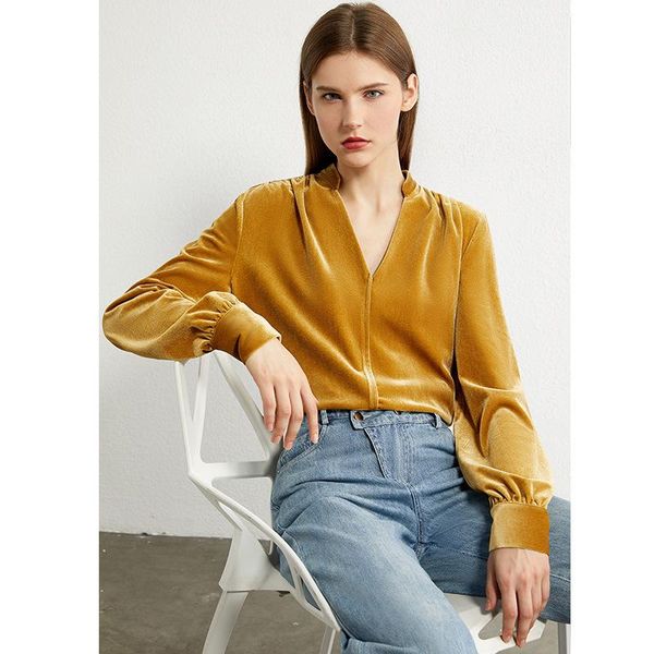

women's blouses & shirts vintage velvet office lady shirt 2021 autumn v-neck women pleats long sleeve blouse femme simple fashion dark, White