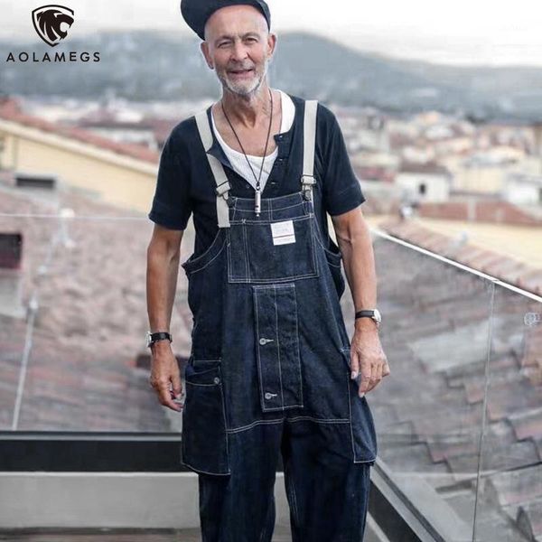 

aolamegs men's cargo overalls casual vintage jumpsuits women loose straight denim pants workers multi-pocket solid trousers1, Black