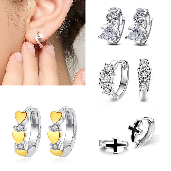 

tiny crystal hoop earrings for women heart flash crown geometric huggies earring minimal simple trendy ear jewelry, Golden;silver