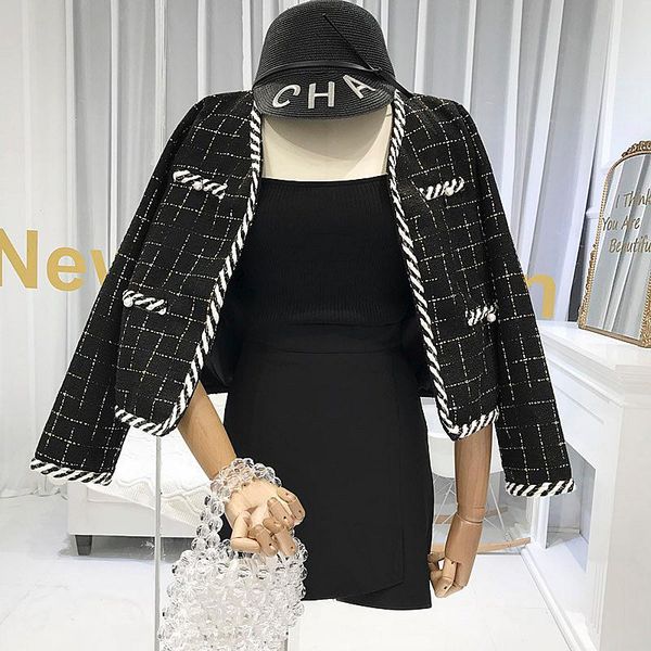 

2020 summer new style plaid tweed jacket design sense female fashion ladies short section was thin, Black;brown