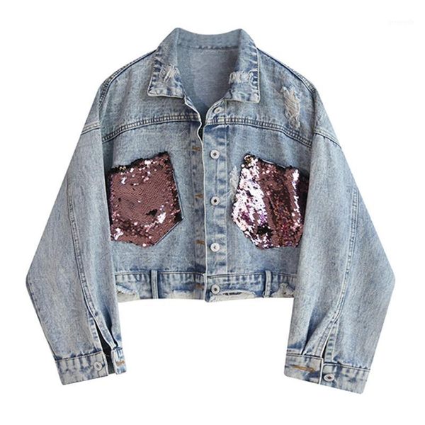 

women blue denim sequined jacket pocket hole long sleeves jean turn down collar loose frayed vintage1, Black;brown