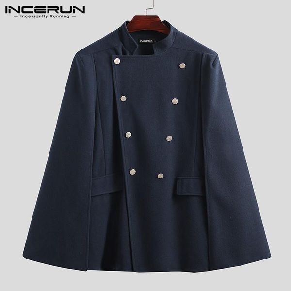 

fashion men cloak coats solid color double breasted trench faux fleece blends cape stand collar mens jackets streetwear incerun, Tan;black