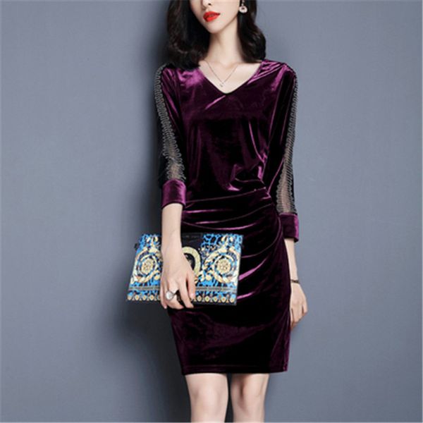 

2021 New Female Fashion Dressed in Autumn Party Plus Size 3/4 Sleeves Split Side Short Pencil Sheath Dress EXBR, Black;gray