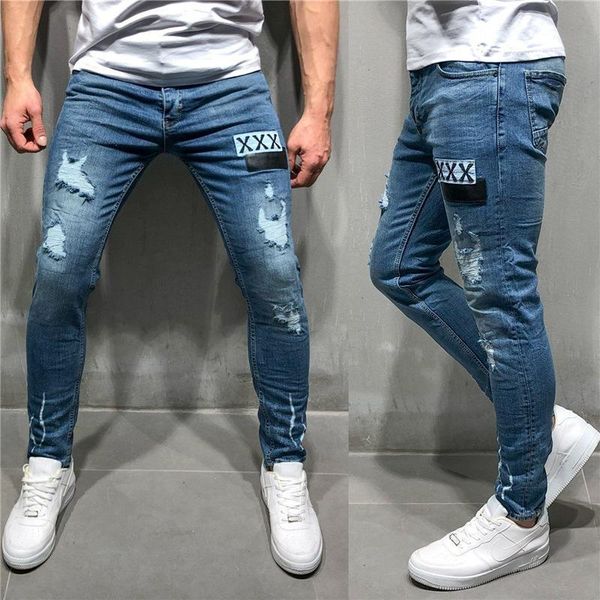 

embroidered label skinny jeans for man stretch denim pencil pants mens fashion ripped hiphop streetwear jean para hombre, Blue