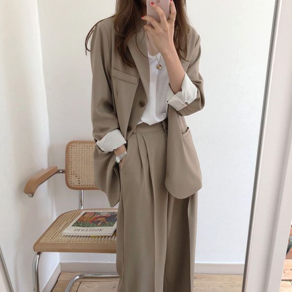 

autumn casual boyfriend-style solid color suit jacket + high-waisted vertical pendant mopping wide-leg trousers women's suit q1215, White;black