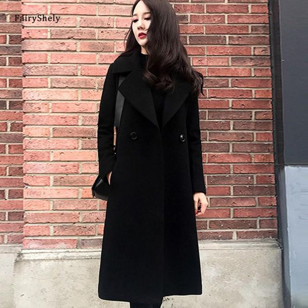 

fairyshely korean woolen coat 2020 women autumn winter new warm female long section coat black office lady pocket elegant casual