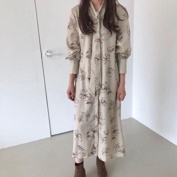 

korea women spring long sleeve vintage floral long shirt dress bow tie collar straight loose dresses single breasted, Black;gray