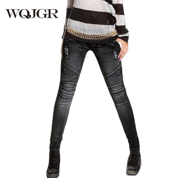 

wqjgr 2020 summer skinny black jeans woman holes elasticity cowboy pencil pants locomotive denim jeans plus size, Blue