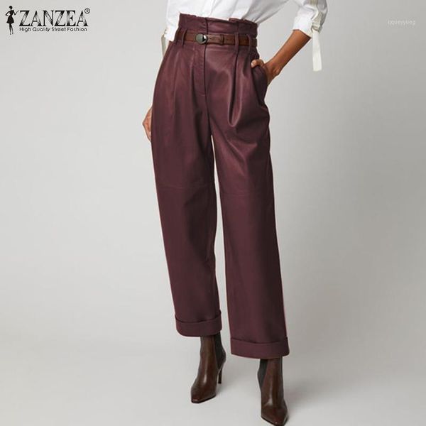 

women's pants & capris 2021 fashion long pantalons zanzea elegant solid wide leg women high waist work pu leather trousers female stree, Black;white