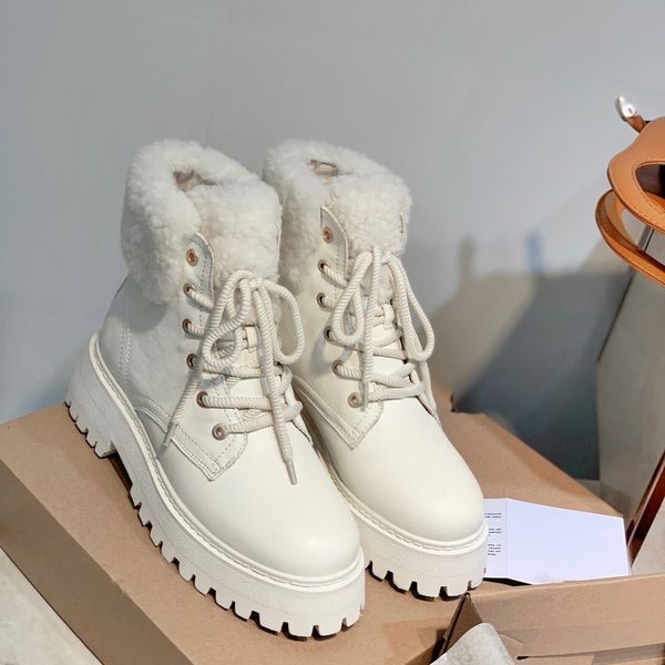 

designer womens boots luxury white leather lace-up with fluff round head high heel with box size 35-40, Black