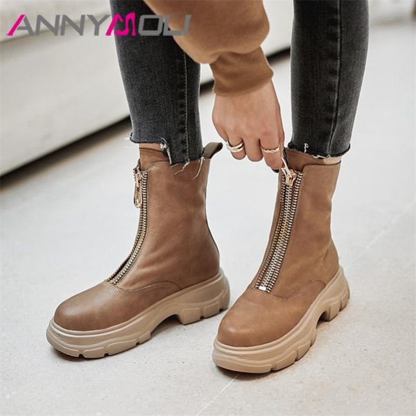 

annymoli real leather platform flats ankle boots women shoes round toe zipper short boots female autumn winter apricot size 41, Black