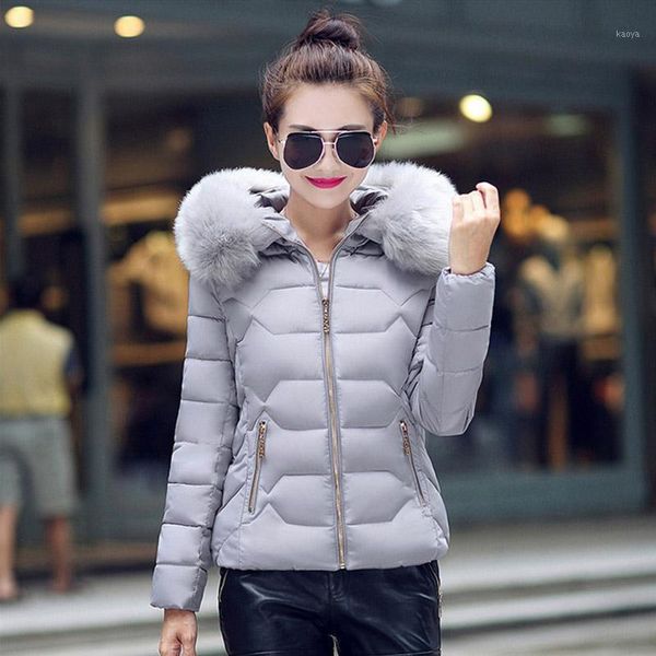 

winter women's down cotton parka short fur collar hooded coat quilted jacket casual slim fit outerwear famale overcoat1, Black