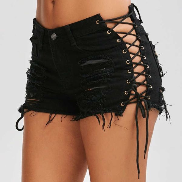 

women's denim 2020 summer new solid color high waist torn short jeans femme tassel lace up bandage shorts, White;black