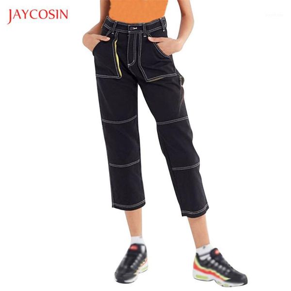

jaycosin 2020 fashion women pocket jeans denim female mid waist spliced ankle length pants straight street wear pants1, Black