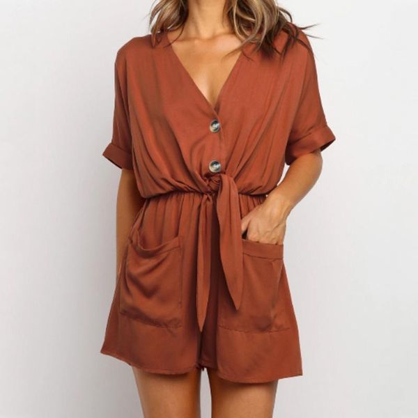 

v neck button pocket solid color playsuits loose casual short sleeve women bandage short rompers1, Black;white