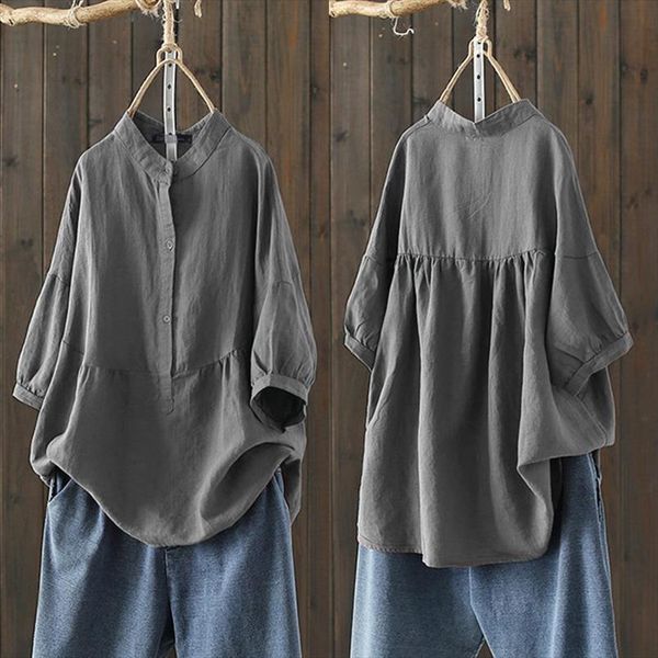 

zanzea summer blouse women cotton shirts vintage casual half sleeve female button blusas solid tunic plus size chemise, White