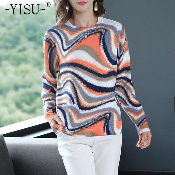 

yisu autumn winter women sweater printing o-neck knitted pullove long sleeve winter irregular stripes female loose jumper, White;black