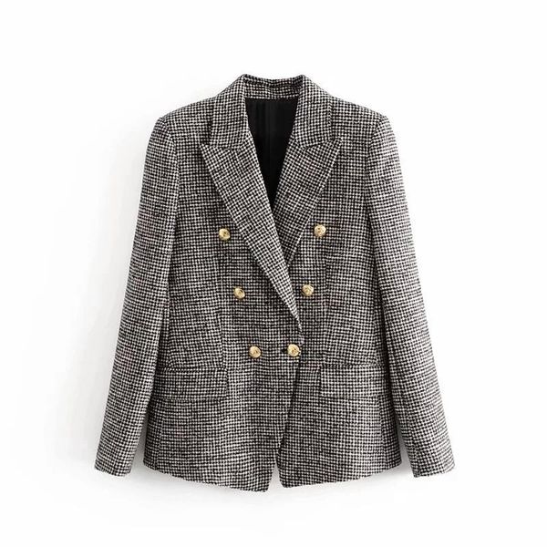 

women blazer spring and autumn women double breasted suit jacket office ladies vintage plaid blazer pockets work wear outwear, White;black