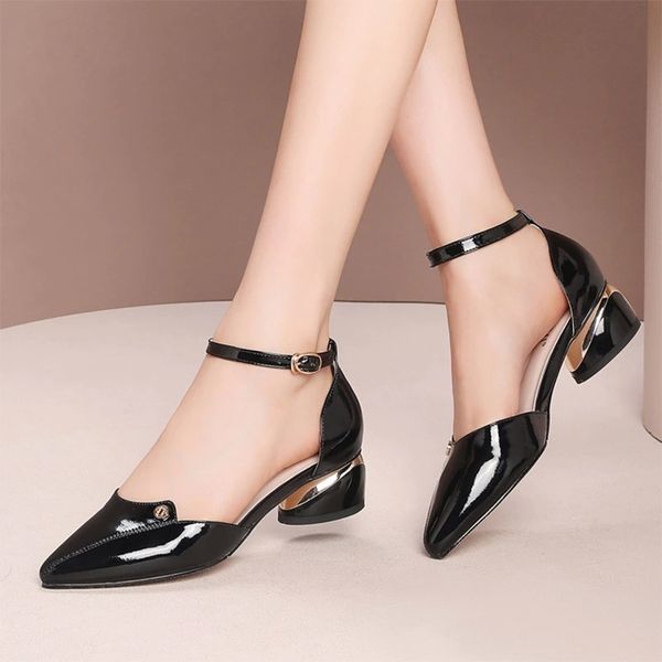 

2020 summer women sandals patent leather ankle strap dress shoes medium heels pumps office shoes female sandalias mujer 8148n #5b63, Black