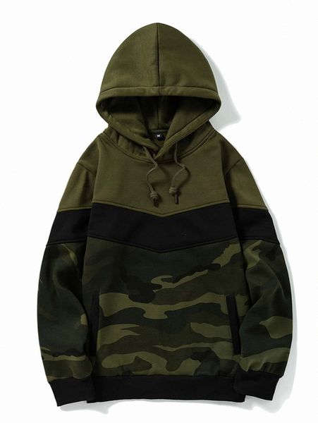 

romwe guys camo colorblock drawstring hoodie r0fv#, Black