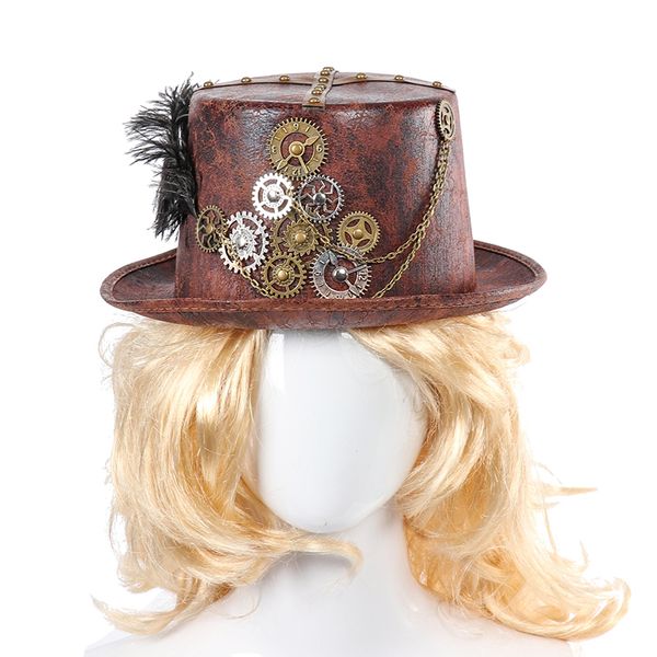 Steampunk Retro Hats Carnival Cosplay Bowler Gear Chain Feather Decor Party Caps Halloween Brown Round Top Hats For Men Women T200620