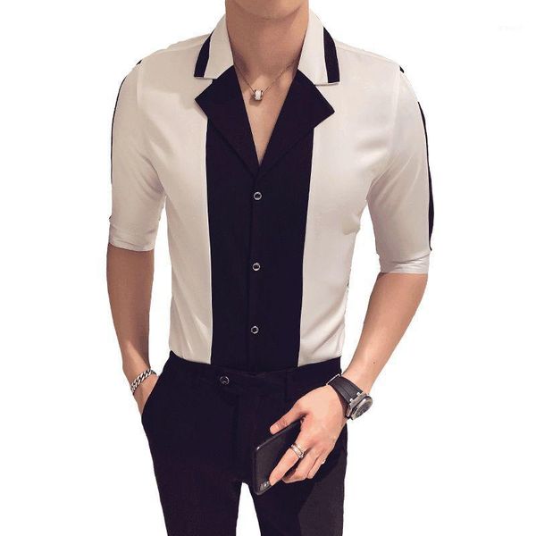 

camisa masculina men casual slim fit dress shirts night club party summer fashion patchwork men shirts streetwear social blusa1, White;black