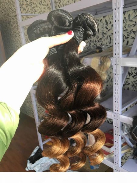 

wholesale 3 bundles loose wave raw indian virgin ombre weave colored three tone dark roots brown blonde loose curly human hair extensions, Black