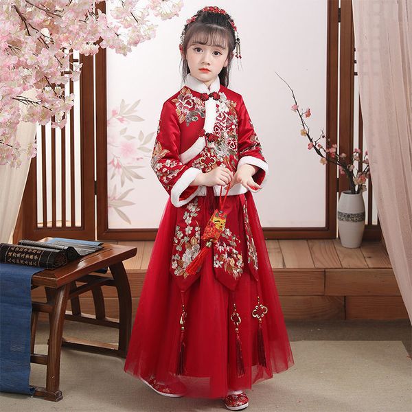 

hanfu girl tang suit cotton jacket super fairy chinese style children's costume autumn winter clothes girl plus velvet thick dress, White