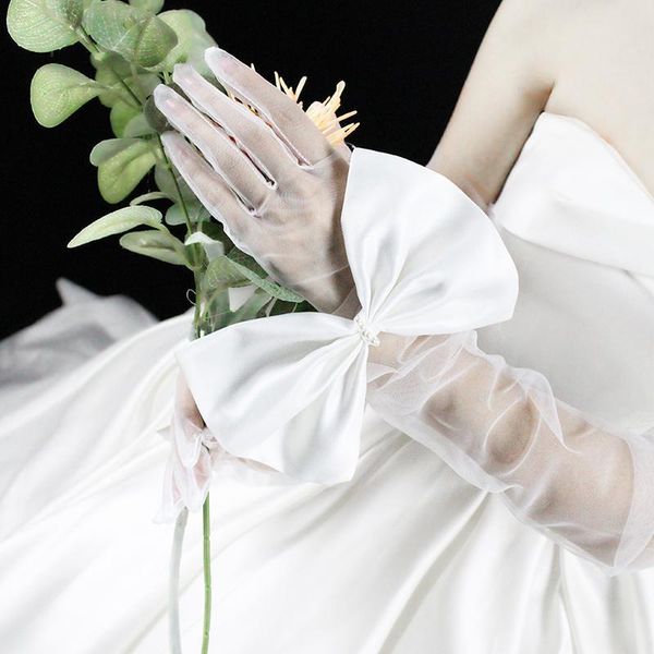 

tulle sheer gloves women white satin bowknot wedding long bridal gloves gants femme marriage lace gloves party dress glove h sqcawi