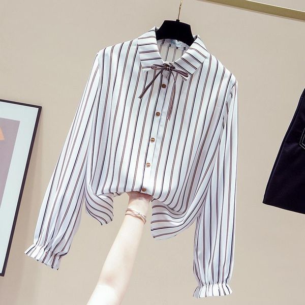 

autumn elegant women's turn down collar flare long sleeves stripe shirts ladies shirt blouse a4066, White